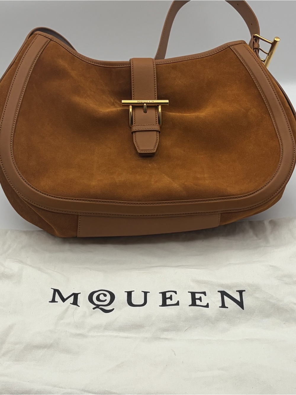 McQueen T-Bar Suede Shoulder Bag Light Brown Gold